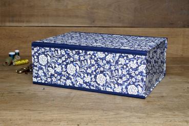 Close-up of blue box, cover material Italian colored paper blue with floral ornaments, black inside